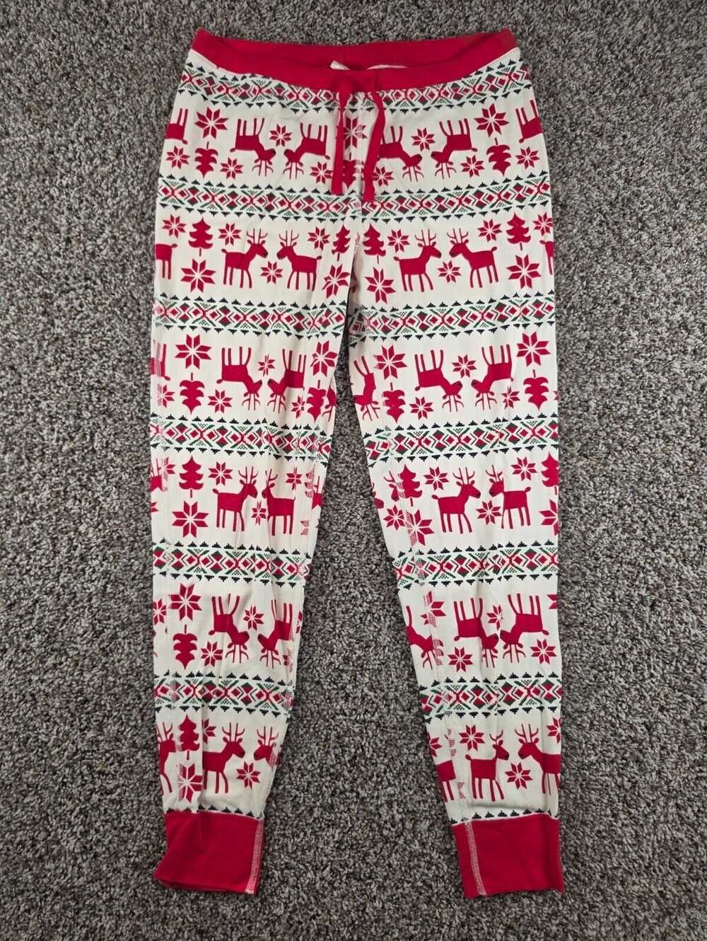 Hanna Andersson Womens Sz L Christmas Pajama Pants White Red Reindeer Print